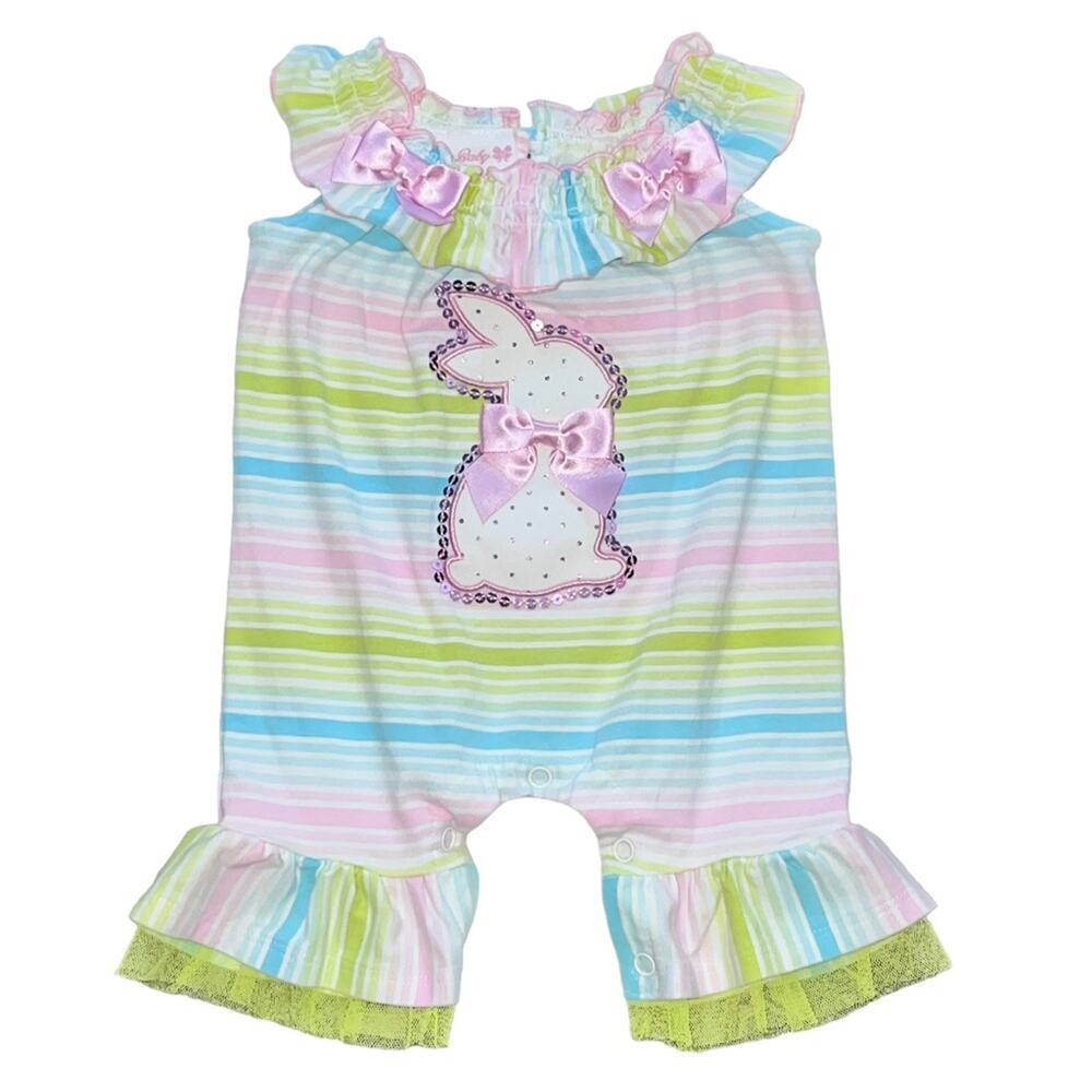 0/3 Bonnie Jean Baby Pastel Striped Sequin Bunny Rabbit Easter Romper Coverall
